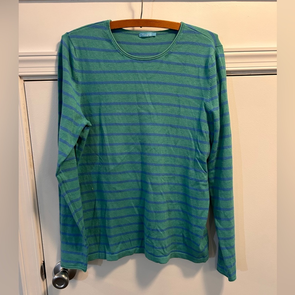 J. McLaughlin Womens L Blue Green Stripe Wavesong Cloth 3/4 Sleeve Top‎